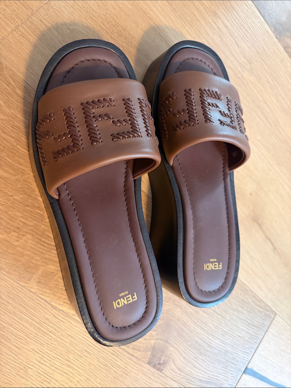 Fendi Brown Leather Logo Platform Slide Sandals
